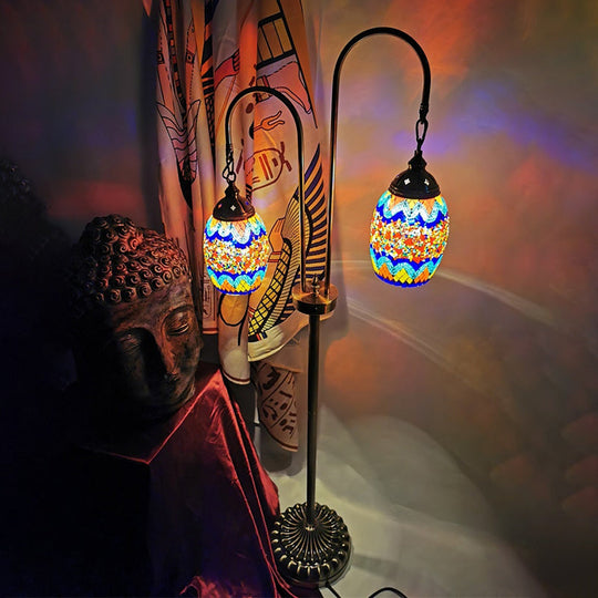 Hand-Crafted Glass Oval Floor Reading Lamp With 2 Lights In Traditional White/Blue/Yellow Design