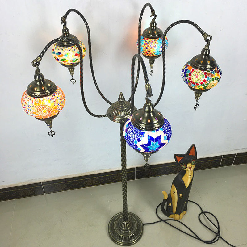 Vintage Stained Glass Curved Arm Floor Lamp - Yellow/Blue 5-Head Standing Light For Reading