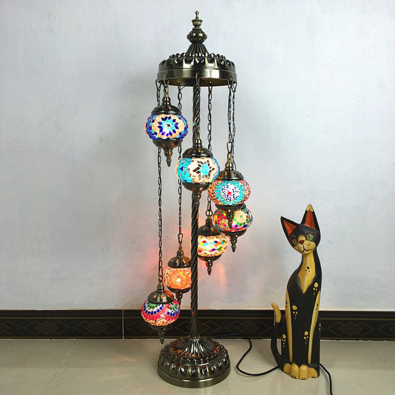 Vintage Multicolored Stained Glass Floor Lamp For Living Room - 7 Lights Spiral Design