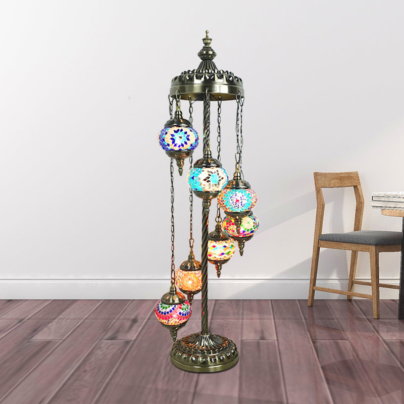 Vintage Multicolored Stained Glass Floor Lamp For Living Room - 7 Lights Spiral Design
