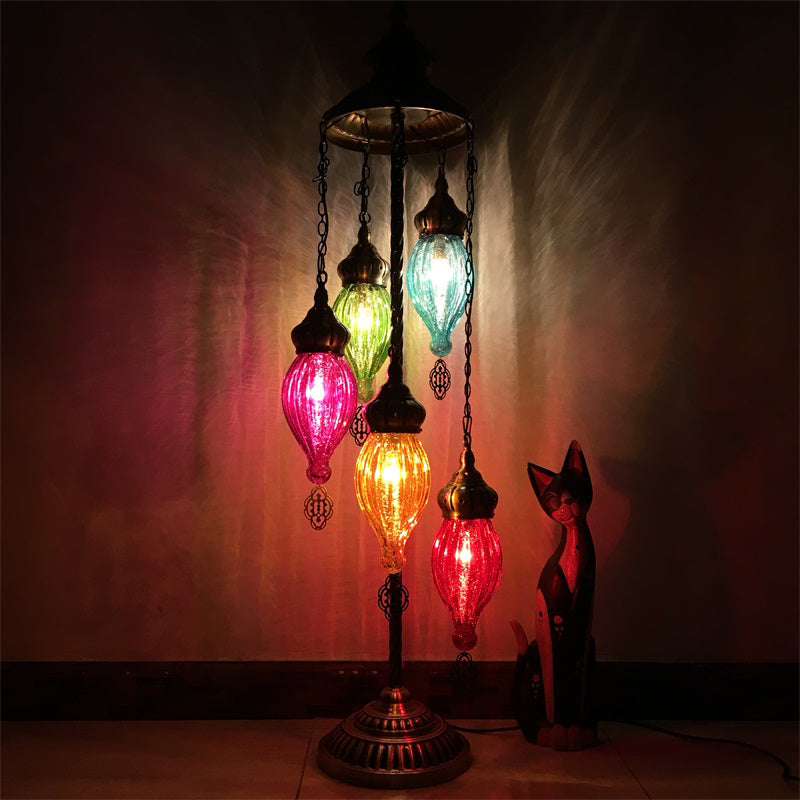 Traditional Brass 5-Light Standing Floor Lamp With Ribbed Glass Teardrop Shades For Living Room