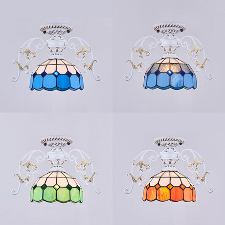 White Semi Flush Tiffany Style Ceiling Light With Stained Glass Dome Shade- 1