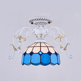 White Semi Flush Tiffany Style Ceiling Light With Stained Glass Dome Shade- 1