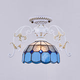 White Semi Flush Tiffany Style Ceiling Light With Stained Glass Dome Shade- 1