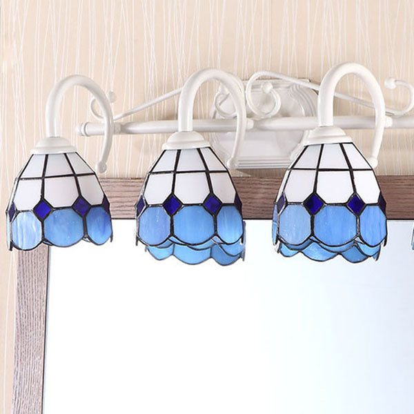 Stained Glass Tiffany Bathroom Vanity Light In Blue/Orange With 3-Light Grid Dome Wall Sconce Blue