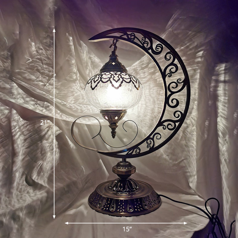 Vintage Crackle Glass Bedside Lamp With Oval Shade And 1/2/3 Lights Bronze Night Table Decor