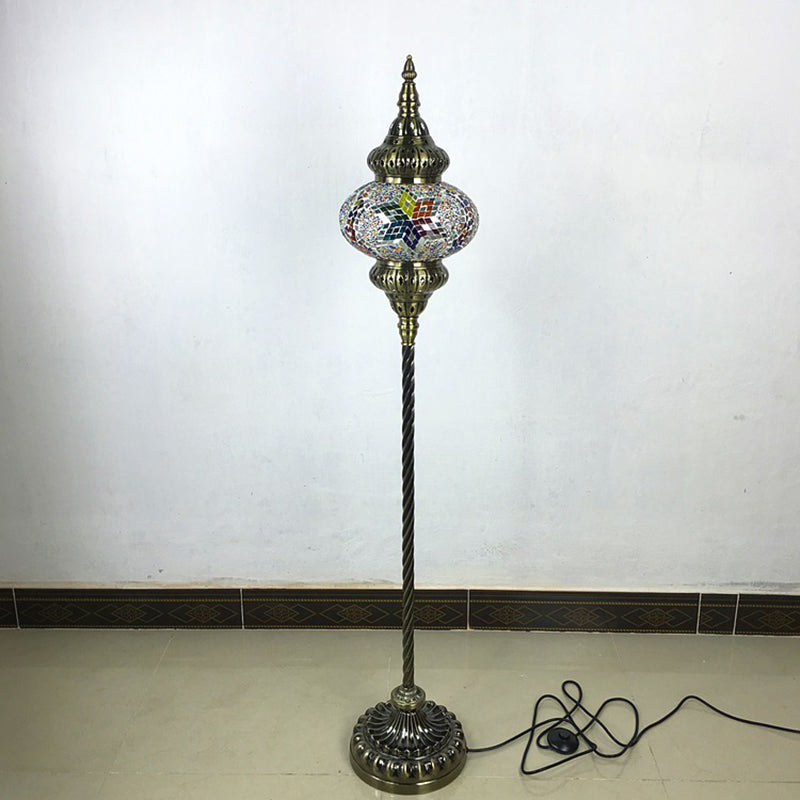 Traditional Stained Glass Oval Standing Lamp - 1 Head Living Room Floor Light In Red/Yellow/Blue