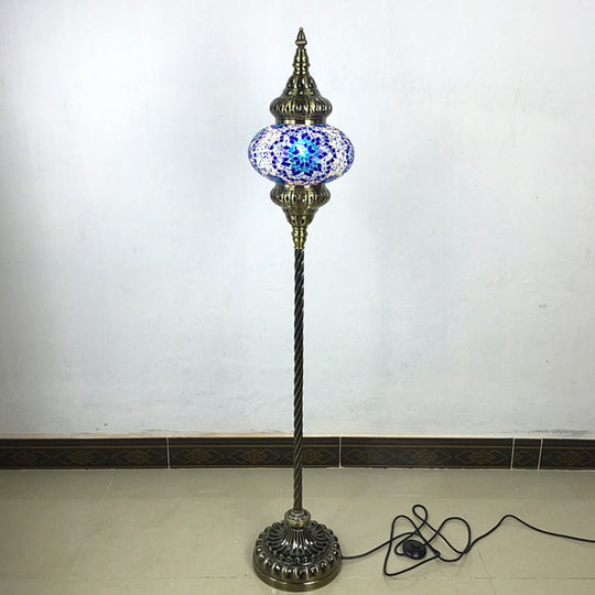 Traditional Stained Glass Oval Standing Lamp - 1 Head Living Room Floor Light In Red/Yellow/Blue