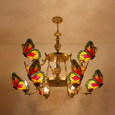 Rustic Lodge Butterfly Chandelier: 9-Light Stained Glass Pendant In Red/Blue For Foyer Red