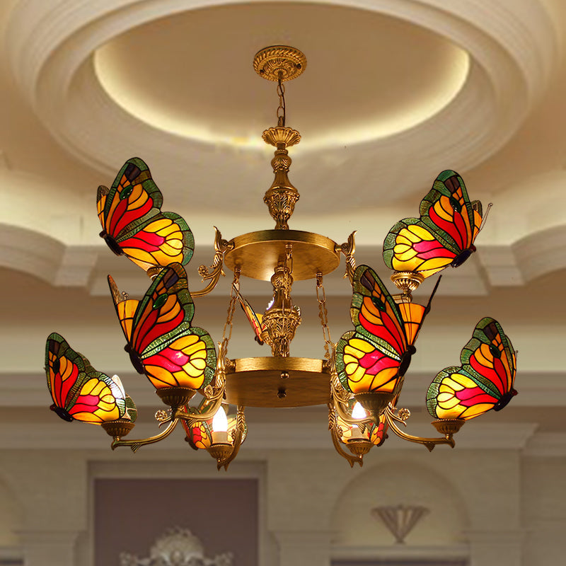 Rustic Lodge Butterfly Chandelier: 9-Light Stained Glass Pendant In Red/Blue For Foyer