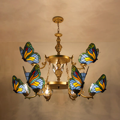 Rustic Lodge Butterfly Chandelier: 9-Light Stained Glass Pendant In Red/Blue For Foyer Blue