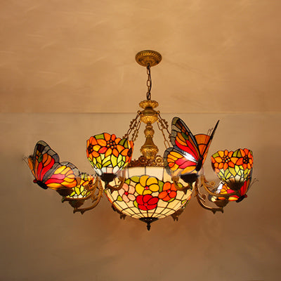Rustic Stained Glass Chandelier With Butterfly And Sunflower Accents - Red / Flower