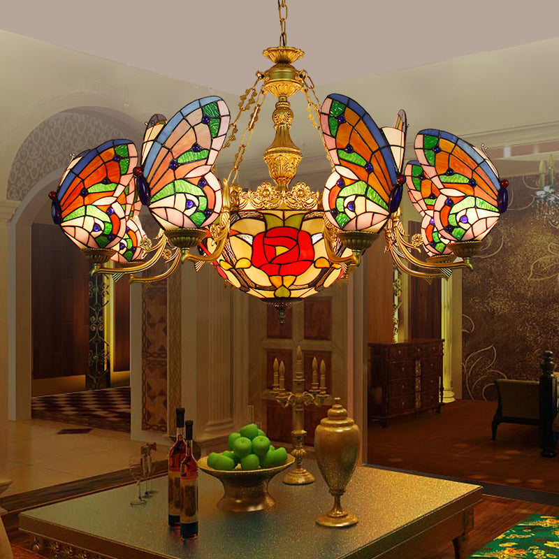 Colorful Glass Butterfly Chandelier With Red Flower/Rose Dome Shade For Staircase / Rose