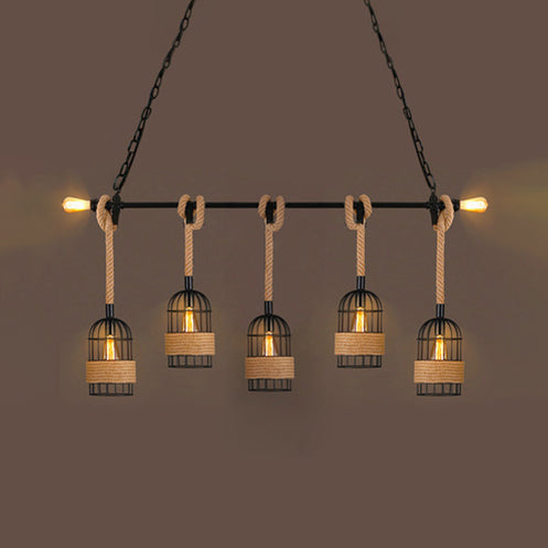 Industrial Birdcage Pendant Lighting With Natural Rope - 3/5 Bulbs Black Ideal For Restaurants And