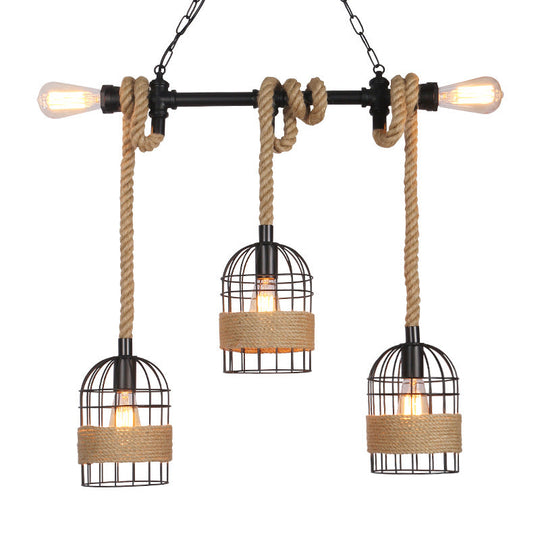 Industrial Birdcage Pendant Lighting With Natural Rope - 3/5 Bulbs Black Ideal For Restaurants And