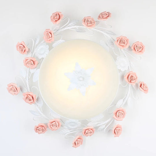 Bowl Ceiling Light With Opal Glass And Led In White/Pink For Living Room