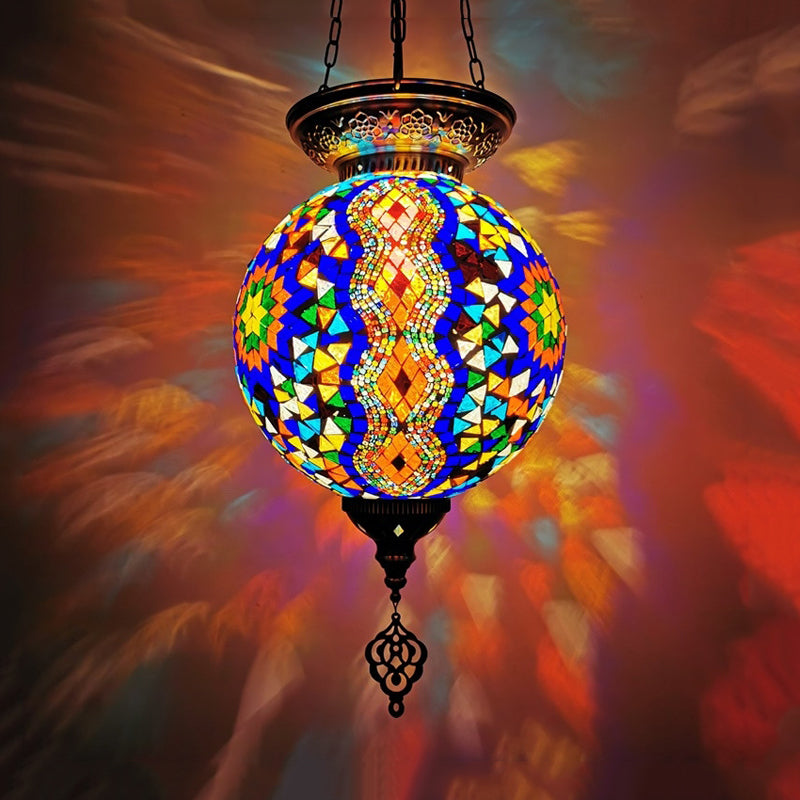 Globe Pendant Light Kit - Traditional Hand Rolled Art Glass White/Red/Yellow Suspension