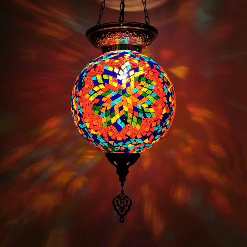 Globe Pendant Light Kit - Traditional Hand Rolled Art Glass White/Red/Yellow Suspension