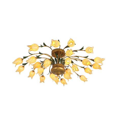 Flower Ceiling Light Fixture - American Design With 25 Led Bulbs Metal Semi-Mount Lighting In Brass