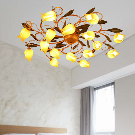 Metal Brass Ceiling Flush Lily/Tulip Led Semi Mount Lighting - 16-Head American Garden Style For