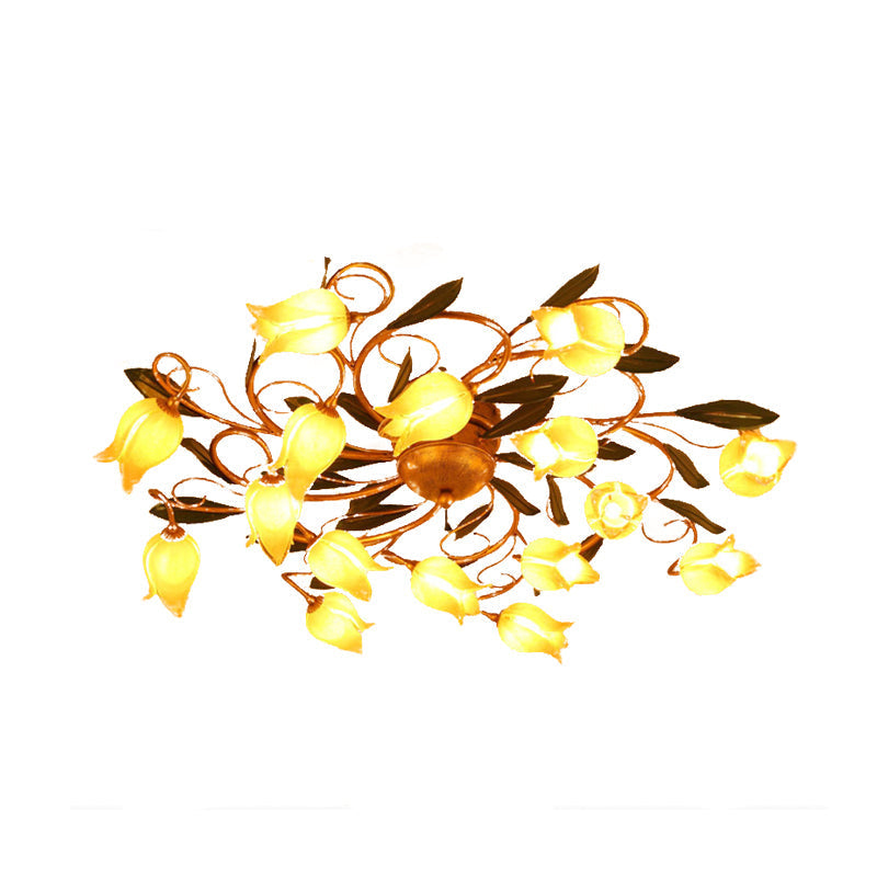 Metal Brass Ceiling Flush Lily/Tulip Led Semi Mount Lighting - 16 - Head American Garden Style For