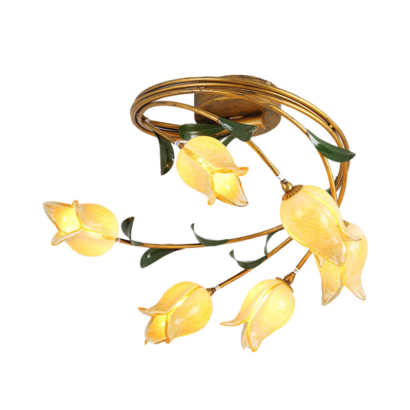 Tulip Ceiling Light: 6 - Bulb Led Semi Flush Mount In Brass For Living Room