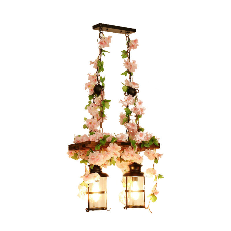 Retro Wooden Lantern 2/3 Head Island Ceiling Light With Led Drop Lamp Pink/Green Plant/Flower Decor