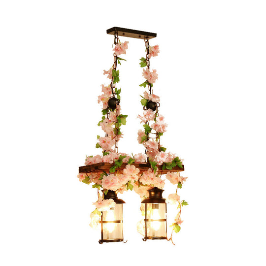 Retro Wooden Lantern 2/3 Head Island Ceiling Light With Led Drop Lamp Pink/Green Plant/Flower Decor