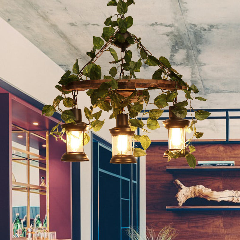 Industrial Green Lantern Wooden Chandelier - Led Restaurant Ceiling Light (3/6/8 Heads)
