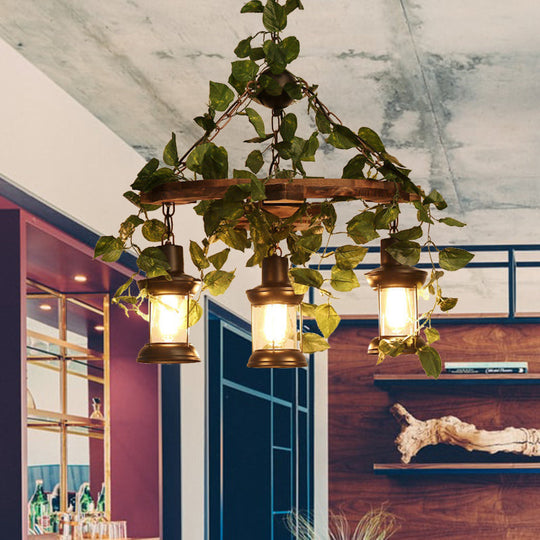 Industrial Green Lantern Wooden Chandelier - Led Restaurant Ceiling Light (3/6/8 Heads)