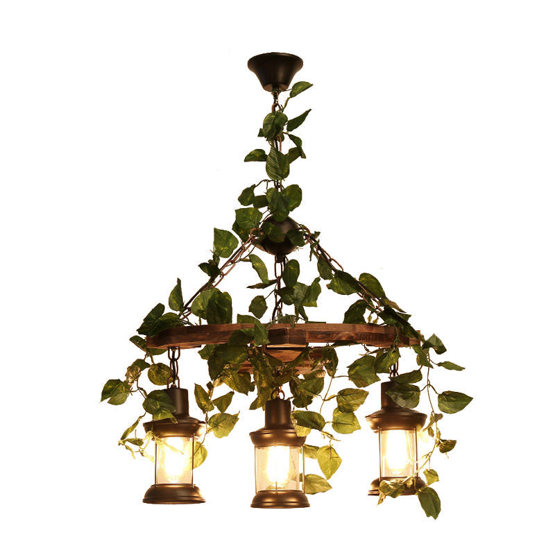 Industrial Green Lantern Wooden Chandelier - Led Restaurant Ceiling Light (3/6/8 Heads)