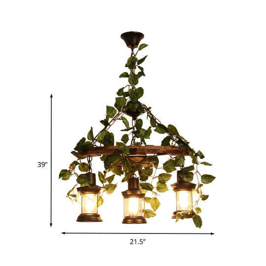 Industrial Green Lantern Wooden Chandelier - Led Restaurant Ceiling Light (3/6/8 Heads)