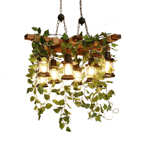 Industrial Green Lantern Wooden Chandelier - Led Restaurant Ceiling Light (3/6/8 Heads)
