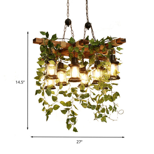 Industrial Green Lantern Wooden Chandelier - Led Restaurant Ceiling Light (3/6/8 Heads)