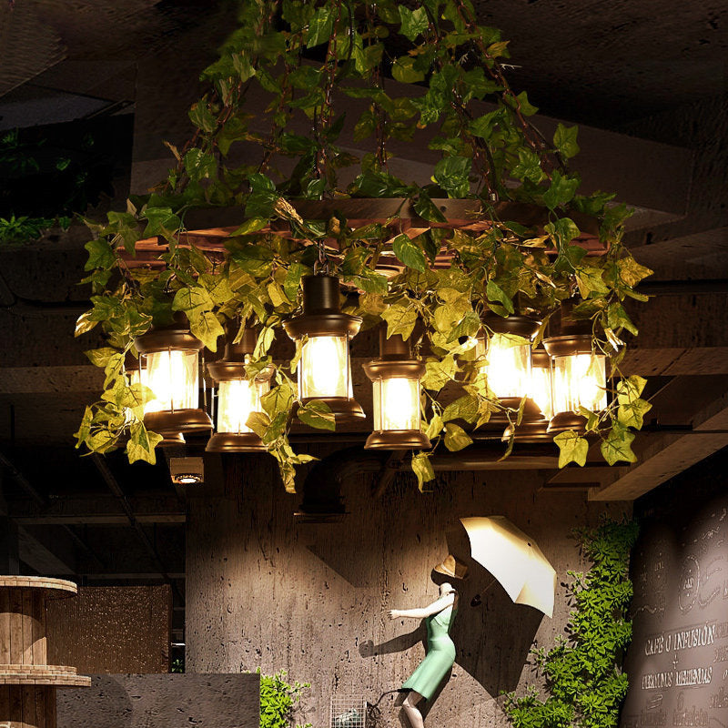 Industrial Green Lantern Wooden Chandelier - Led Restaurant Ceiling Light (3/6/8 Heads)