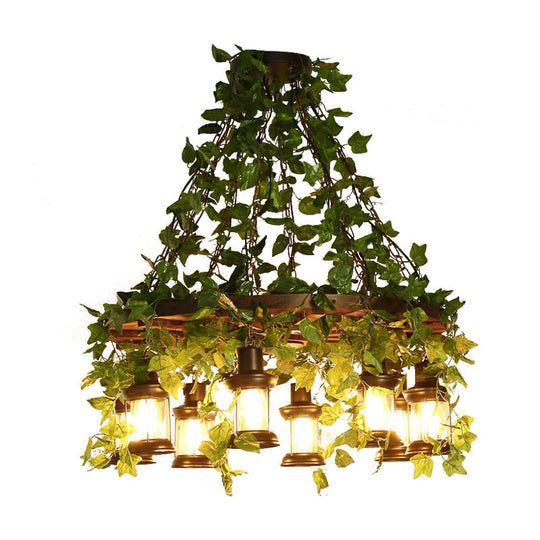 Industrial Green Lantern Wooden Chandelier - Led Restaurant Ceiling Light (3/6/8 Heads)