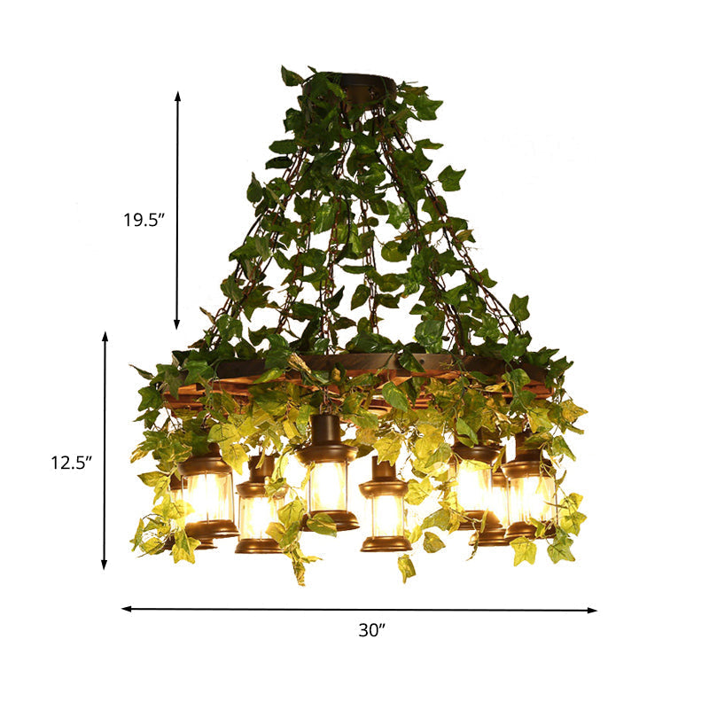 Industrial Green Lantern Wooden Chandelier - Led Restaurant Ceiling Light (3/6/8 Heads)