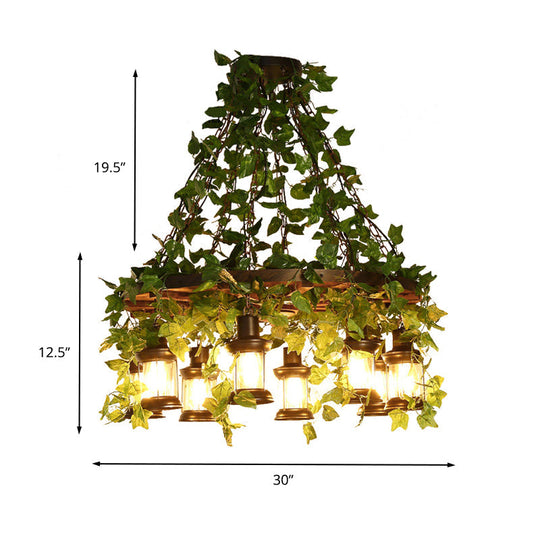 Industrial Green Lantern Wooden Chandelier - Led Restaurant Ceiling Light (3/6/8 Heads)