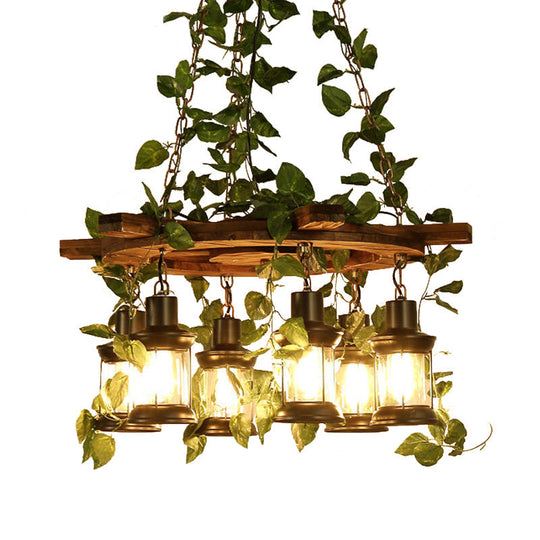 Industrial Green Lantern Wooden Chandelier - Led Restaurant Ceiling Light (3/6/8 Heads)