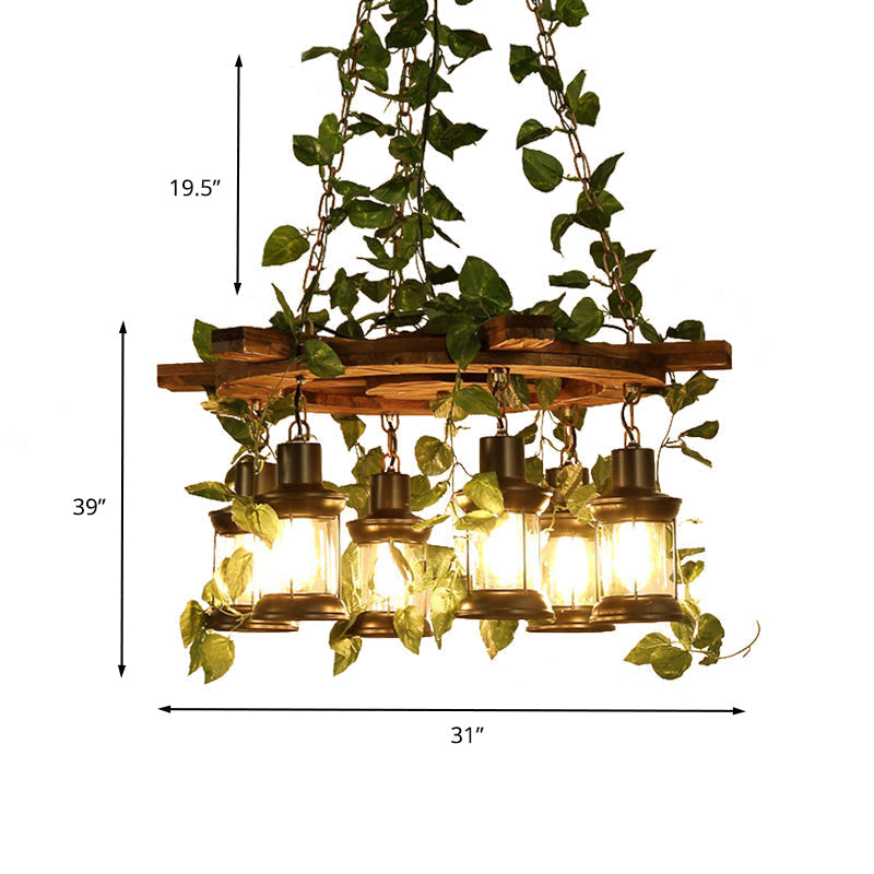 Industrial Green Lantern Wooden Chandelier - Led Restaurant Ceiling Light (3/6/8 Heads)
