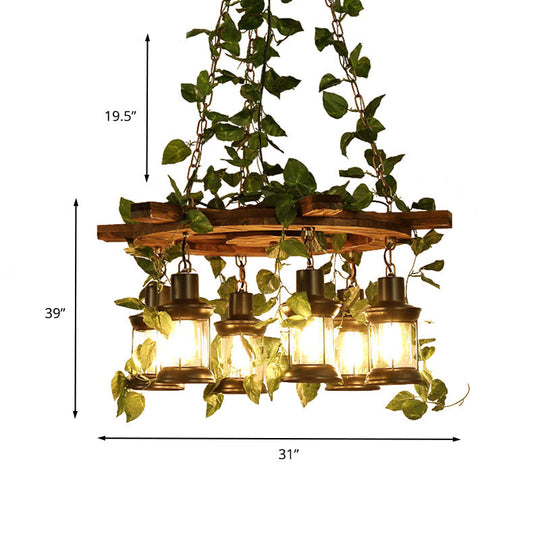 Industrial Green Lantern Wooden Chandelier - Led Restaurant Ceiling Light (3/6/8 Heads)