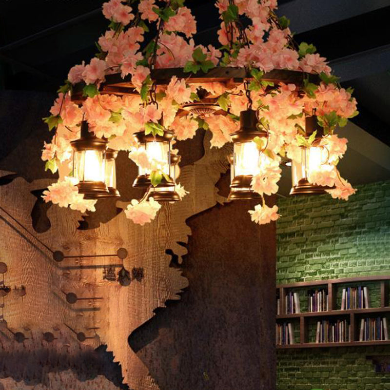 Vintage Wooden Lantern Pendant Chandelier With Led Flower Suspension Light In Pink - 3/6/8 Heads