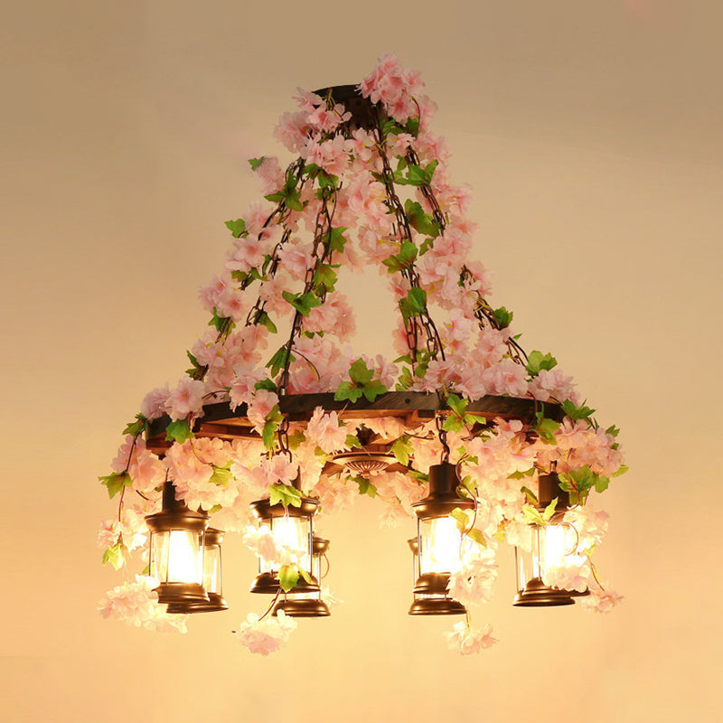 Vintage Wooden Lantern Pendant Chandelier With Led Flower Suspension Light In Pink - 3/6/8 Heads