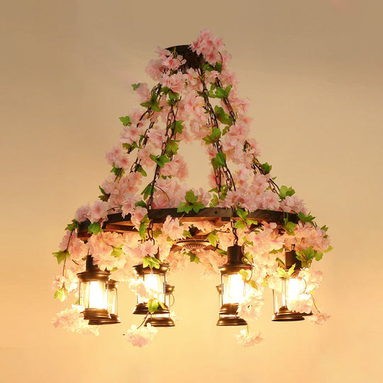 Vintage Wooden Lantern Pendant Chandelier With Led Flower Suspension Light In Pink - 3/6/8 Heads