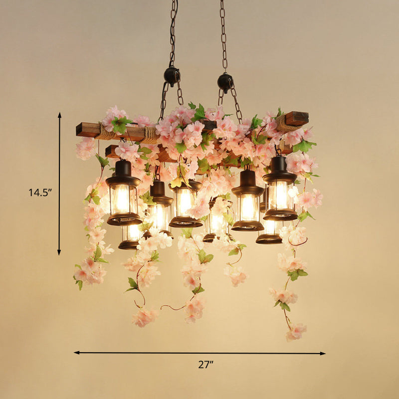 Vintage Wooden Lantern Pendant Chandelier With Led Flower Suspension Light In Pink - 3/6/8 Heads