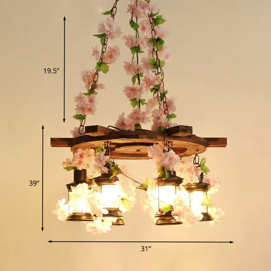 Vintage Wooden Lantern Pendant Chandelier With Led Flower Suspension Light In Pink - 3/6/8 Heads