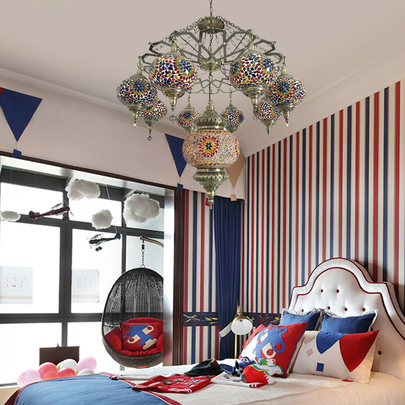 Vintage Stained Art Glass Chandelier - Red/Blue 9-Head Ceiling Light Fixture