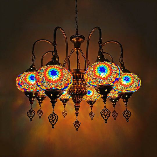 Vintage Handcrafted Art Glass Oval Pendant Light Chandelier With 9 White/Yellow/Gold Heads For