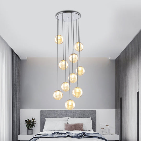 Contemporary Amber Glass Sphere Ceiling Lamp - 10-Light Pendant For Bedroom
