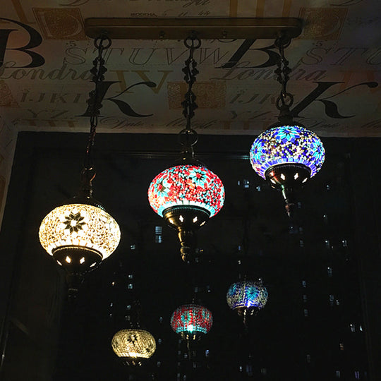 Vintage Stained Glass Bedroom Pendant - Red/Yellow/Green Oval Cluster Lamp With 3 Heads